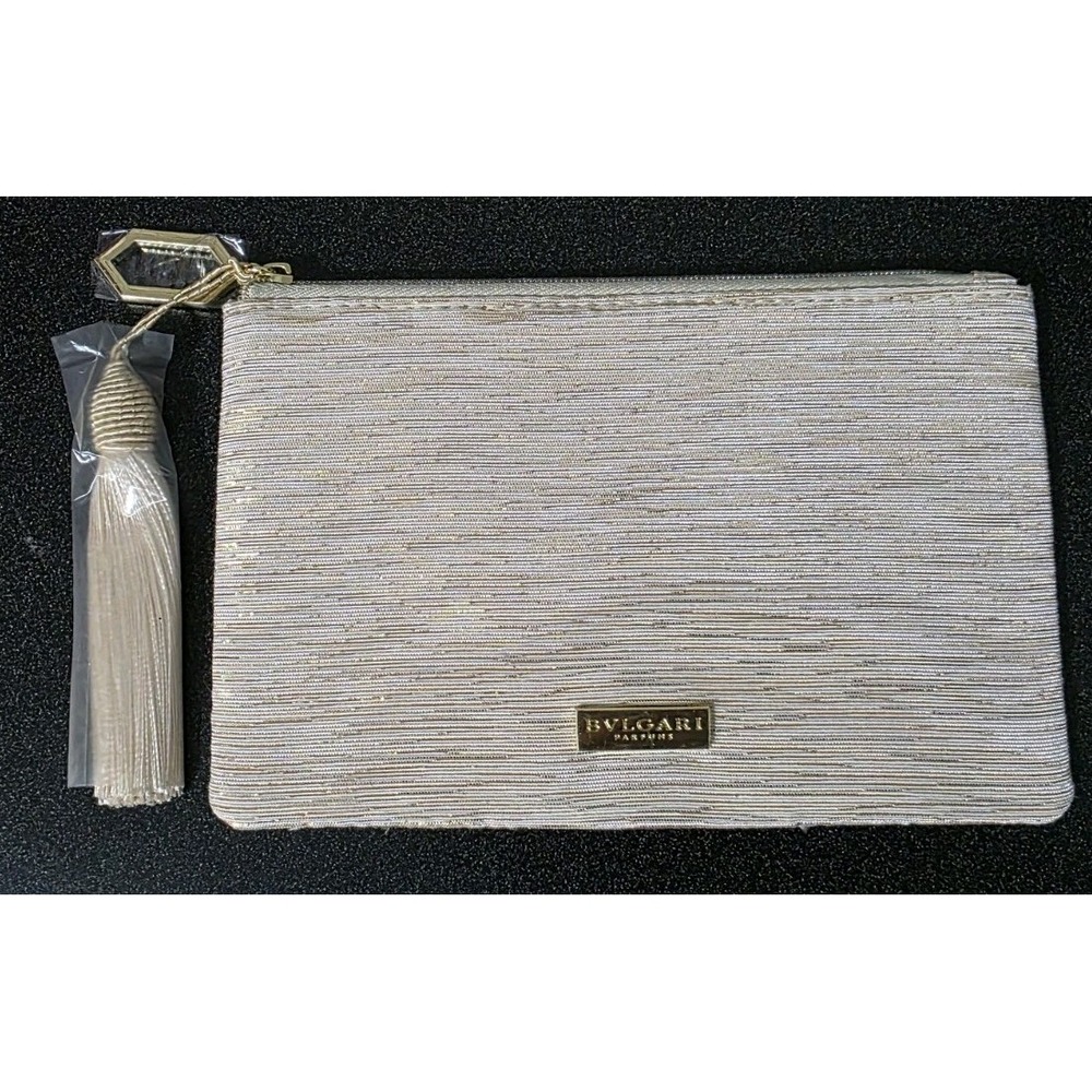 New BVLGARI Parfums Cosmetic Pouch‎ Clutch Gold Lurex Tassel Charm Make Up Bag